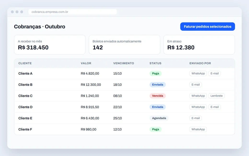 Tela de sistema de cobrança com lista de boletos e status
