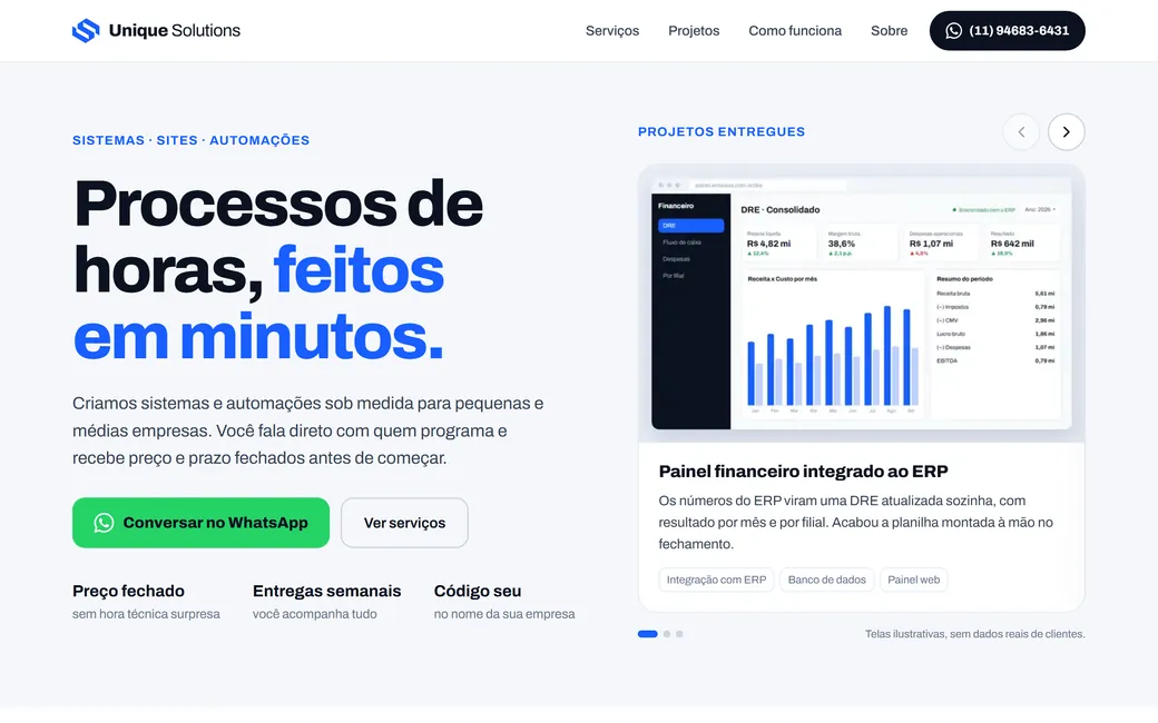 Página inicial do site da Unique Solutions